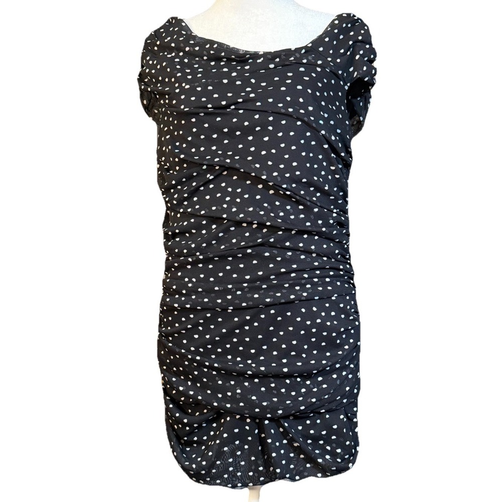 White House Black Market Polka Dot Ruched Dress Sleeveless Black White L